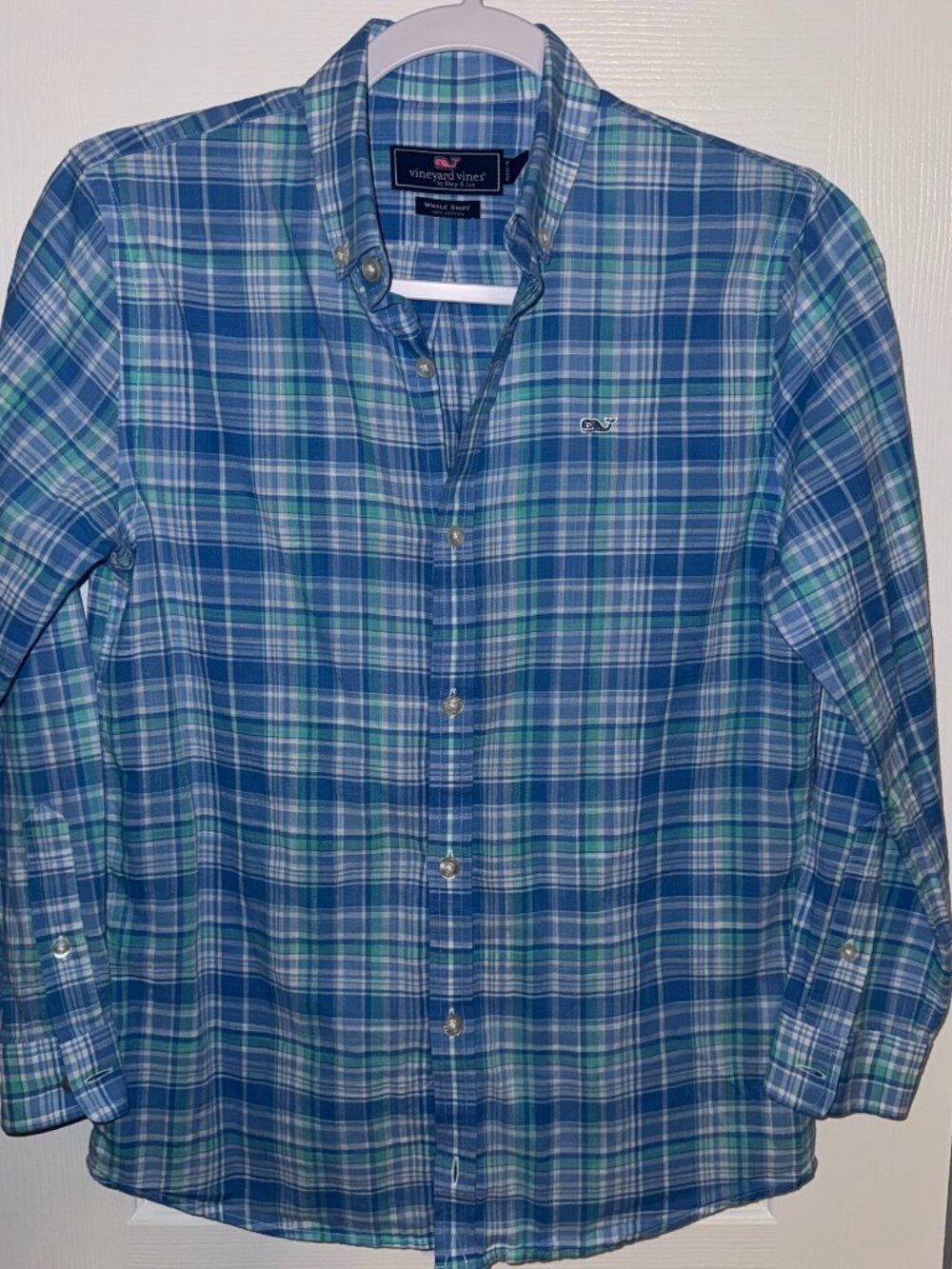 Vineyard Vines Whale Shirt Youth MEDIUM (12-14) Blue Green Checkered Button Down
